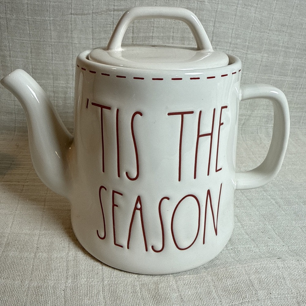 Rae Dunn "Tis The Season Holiday 7x8in Ceramic Teapot Large Letters Magenta